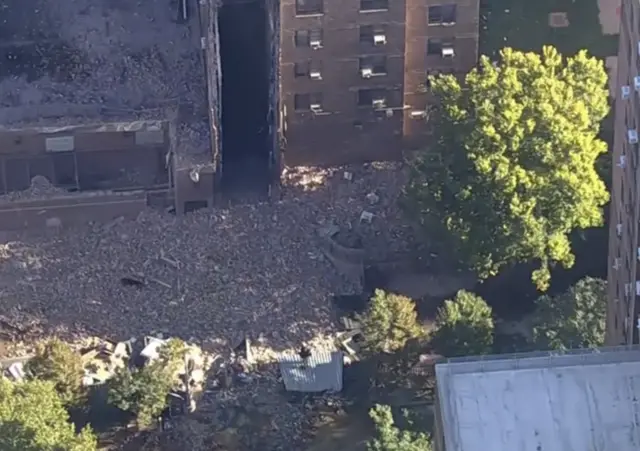 Aerial photos of a partially collapsed NY building