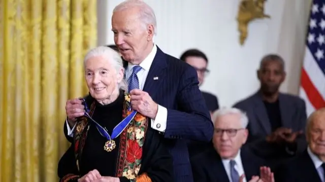 Ethologist and conservationist Dr. Jane Goodall is awarded the Presidential Medal of Freedom by U.S. President Joe Biden in the East Room of the White House