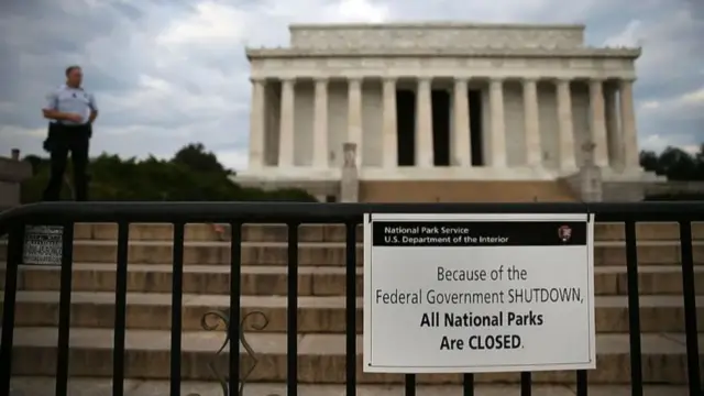 A sign in front of the National Park Service reads: Because of the Federal Government SHUTDOWN, All National Parks Are CLOSED