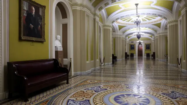 An empty Senate hallway with ornate flooring