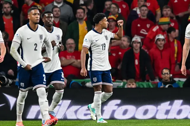 Ollie Watkins celebrates scoring for England