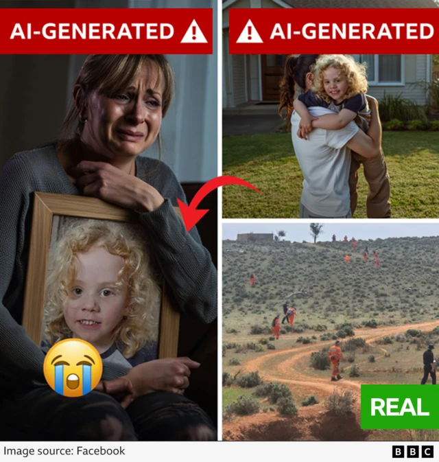 The two images on the left and top right were shared by accounts that are known to have been generated by AI. The image on the bottom right is real, but it was also posted by a Facebook account