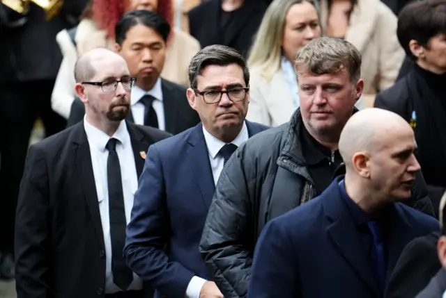 Greater Manchester Mayor Andy Burnham arrives ahead of the funeral service for Ricky Hatton at Manchester Cathedra