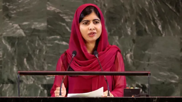 Malala Yousafzai speaks at the at UN headquarters