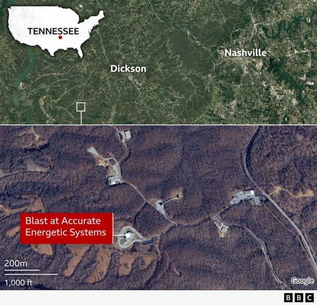 Map split into 2. Top half shows Dickson and Nashville labelled and a small Tennessee map in the top left corner. The bottom half shows were the Accurate Energetic Systems factory is located
