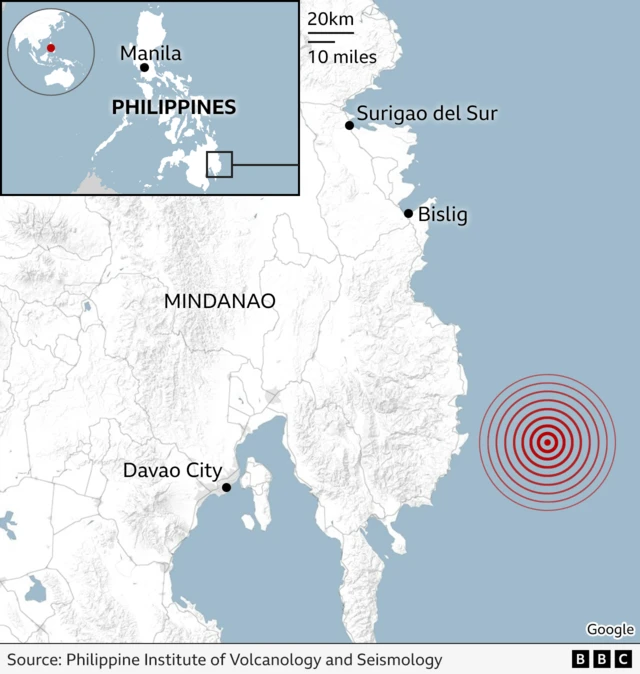 A map showing the epicentre of the earthquake, off the coast of the Philippines