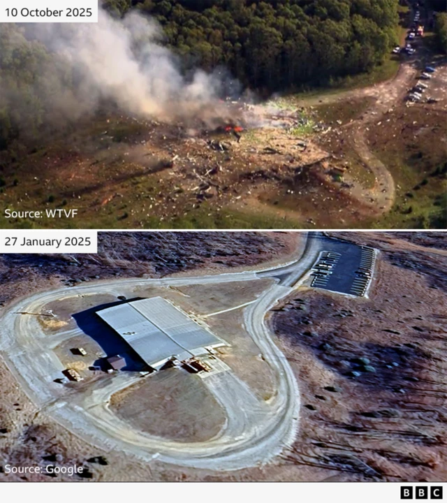 Composite image of facility before and after explosion