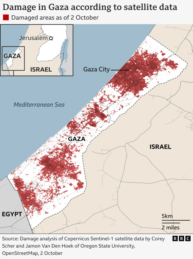 Graphic showing where there are estimated to be damaged buildings in the Gaza Strip