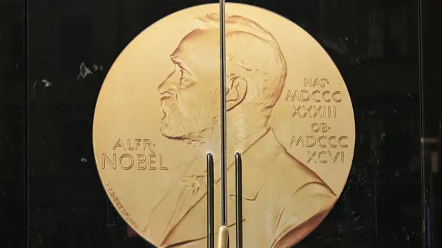 The sun shines on the door of the Swedish Academy ahead of the 2025 Nobel Prize in Literature at the Swedish Academy in Stockholm, Sweden, on October 9, 2025
