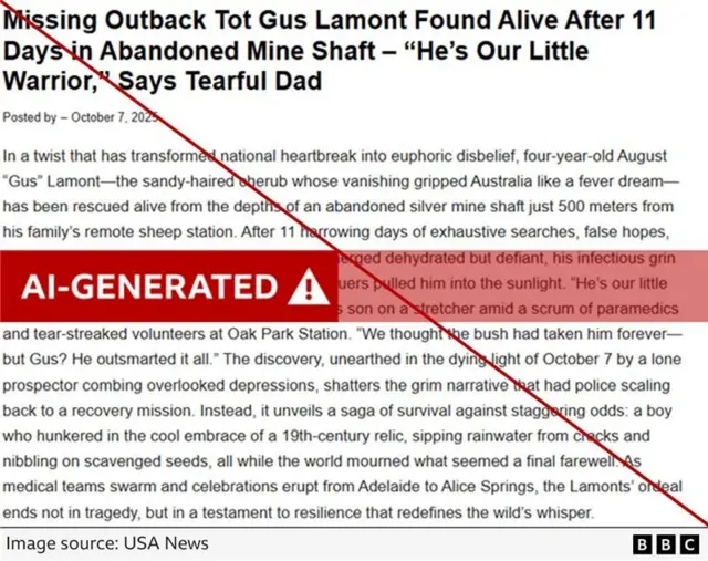 An apparently AI-generated "news story" posted to the USA News site