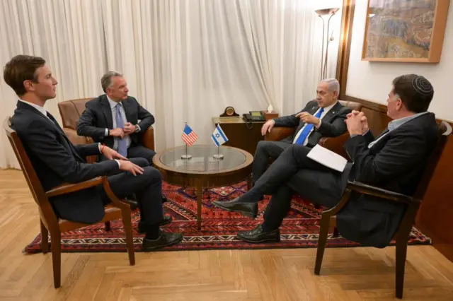 A handout photo made available by Israel's Government Press Office (GPO) shows Israeli Prime Minister Benjamin Netanyahu (2-R) meeting with US President Trump's special envoy for the Middle East, Steve Witkoff, (2-L), the president's son-in-law, Jared Kushner (L), and Minister Ron Dermer (R