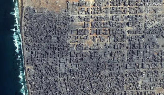 Satellite image shows grey and burnt-out buildings in Gaza