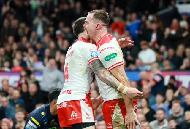 Joe Burgess celebrates his try for Hull KR in the Grand Final