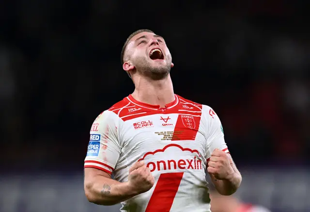 Mikey Lewis celebrates Hull KR's Grand Final win