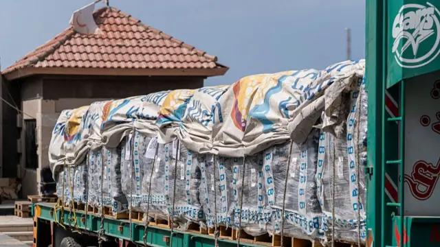 Aid trucks are seen queuing at the Rafah crossing