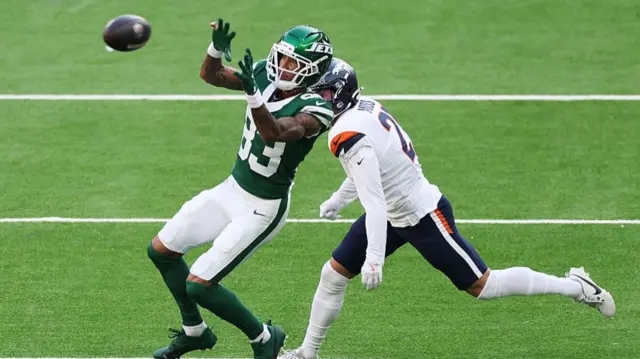 Josh Reynolds of the New York Jets catches a ball in London NFL game
