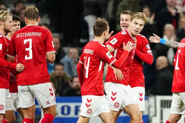 Denmark celebrate Rasmus Hojlund's goal