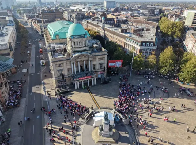 An aerial shot of Hull KR fans gathering in V-shape outside Hull City Hall.
