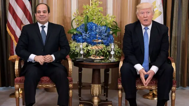 President  Abdel Fattah al-Sisi and President Trumo sit on chairs. There is a table between them with green and vlue flowers on it, with bottles of water at the front. American and Egyptian flags hang behind them.