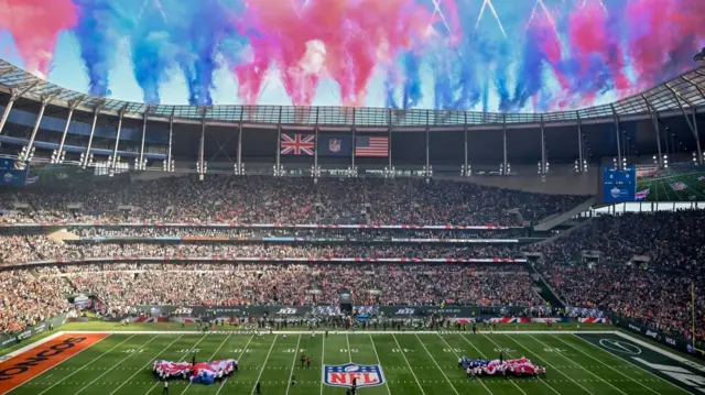 Fireworks at Tottenham Hotspur Stadium before the Denver Broncos play the New York Jets