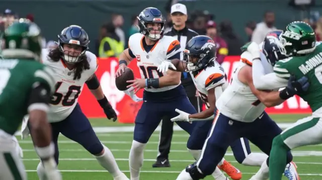 Denver Broncos quarterback Bo Nix drops back to pass against the New York Jets