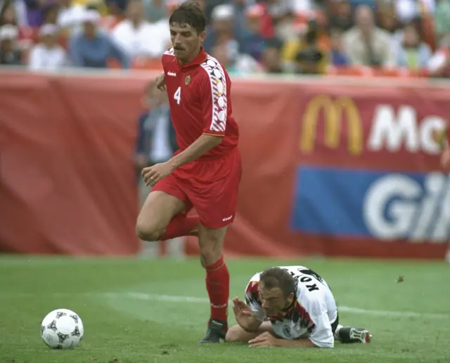 Philippe Albert of Belgium (left) in action during the world cup match against Germany at Soldier Field in Chicago, USA.