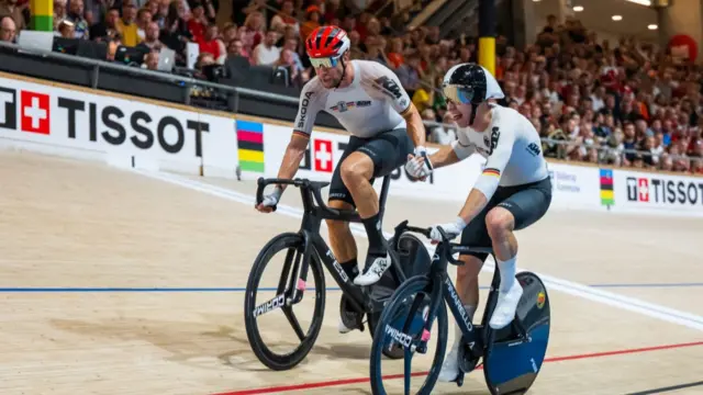 Cyclists of team Germany compete during the men's Madison race of the UCI Track Cycling World Championships in Ballerup, Denmark