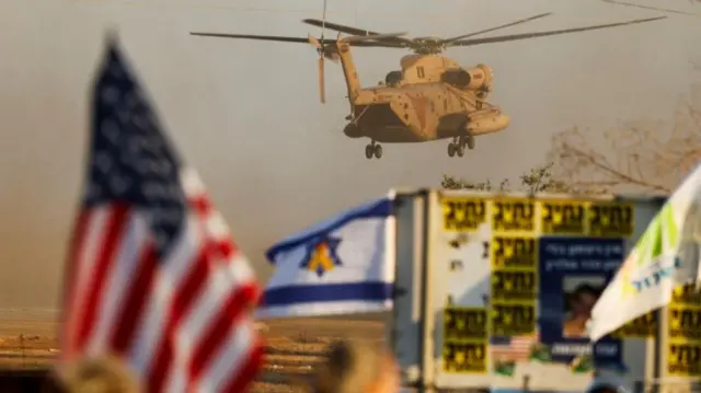 A helicopter at the Re'im base in southern Israel, seen moments ago