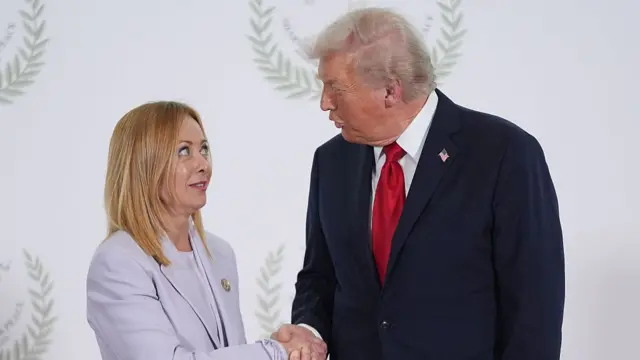 Giorgia Meloni shakes hands with Donald Trump