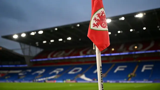 FAW logo on corner flag inside Cardiff City stadium