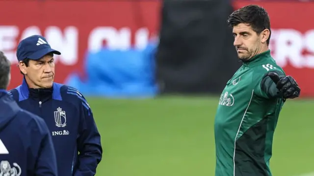 Belgium manager Rudi Garcia and captain Thibaut Courtois training the night before the game
