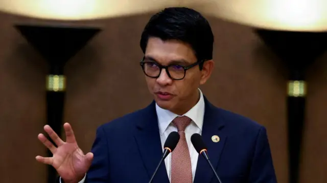 Madagascar's President Andry Rajoelina, gestures as he appoints military general Ruphin Fortunat Zafisambo as Prime Minister at the Lavoloha Presidential Palace, following government dissolution amid protests over power and water shortages, in Antananarivo, Madagascar October 6, 202