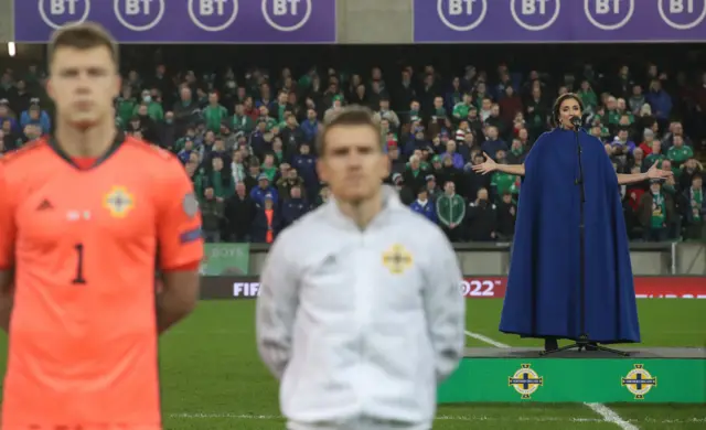 Carly Paoli singing the anthems between Northern Ireland and Italy
