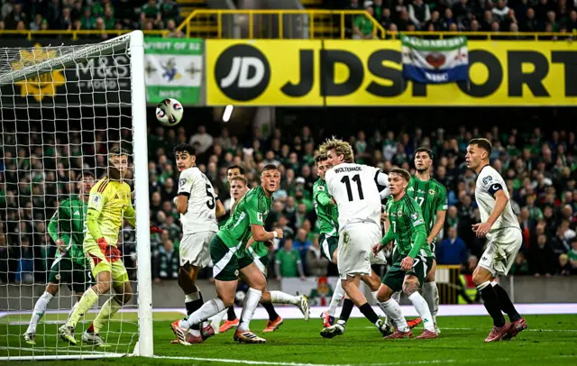 Nick Woltemade of Germany, 11, scores his side's first goal during the FIFA World Cup 2026 qualifier match between Northern Ireland and Germany