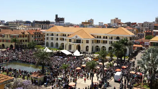 Protesters gather  gather outside the town hall on Independence Avenue during a nationwide youth-led protest over frequent power outages and water shortages, in Antananarivo, Madagascar, October 13, 2025