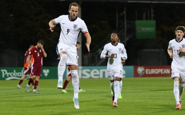 England's Harry Kane celebrates scoring their third goal