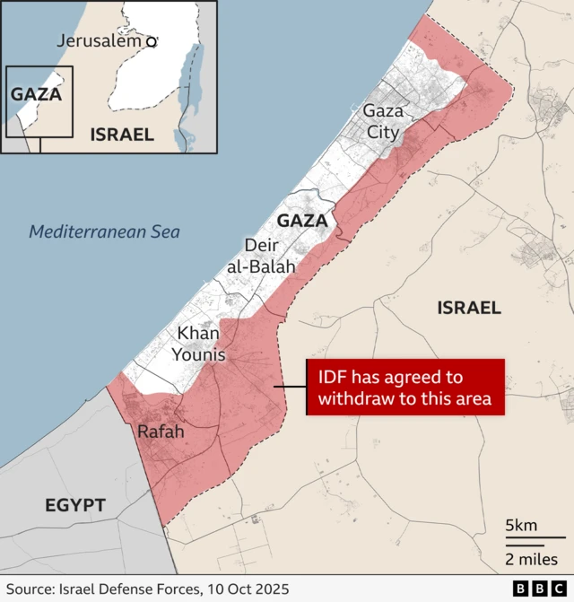 Map showing the area the IDF has agreed to withdraw to in Gaza