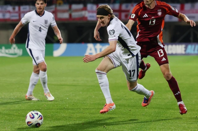 England's Anthony Gordon in action with Latvia's Raivis Jurkovskis
