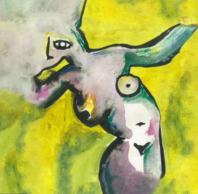 A yellow album cover showing an abstract painting of a naked female body