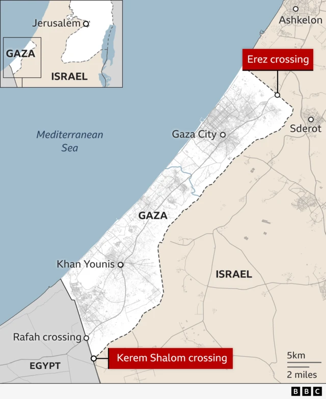 A map of Gaza showing where the crossings are located