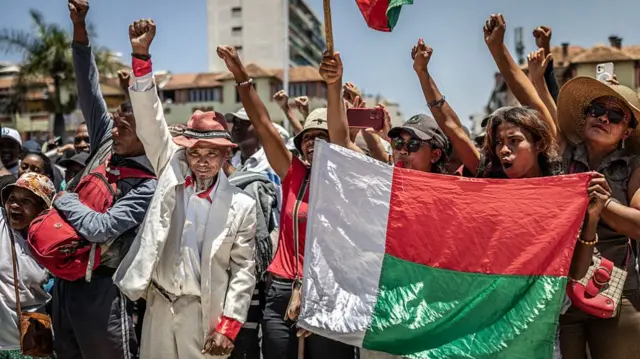 Protesters raise their fists. A couple of them carry the national flag.