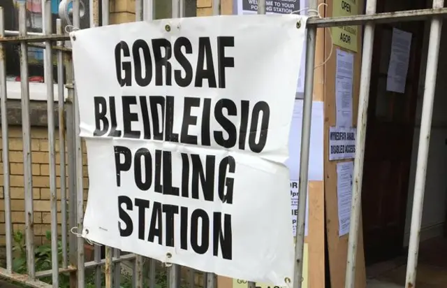 White poster with "polling station" and the Welsh translation, "gorsaf bleidleisio" written in block capitals on it in black ink. The poster is tied to grey railings outside a community hall.