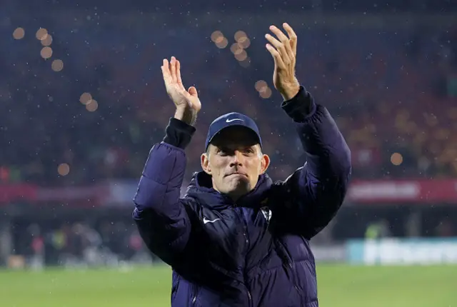 Thomas Tuchel, Head Coach of England, acknowledges the fans