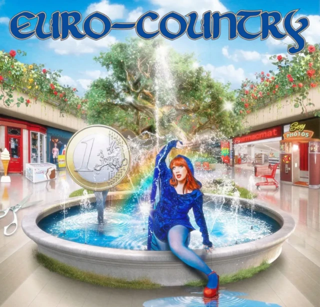 The album cover for CMAT's Eurocountry, which shows her stood in a fountain with an enlarged euro next to her