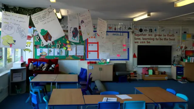 A general view inside an empty classroom at a primary school in Hertford, after the majority of schools in the UK closed while the spread of the coronavirus disease