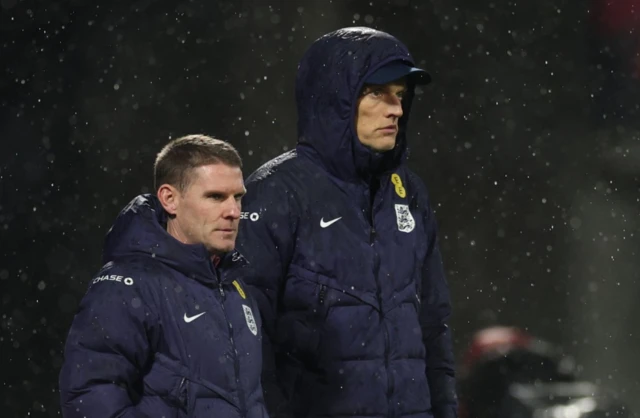 England manager Thomas Tuchel and assistant manager Anthony Barry look on