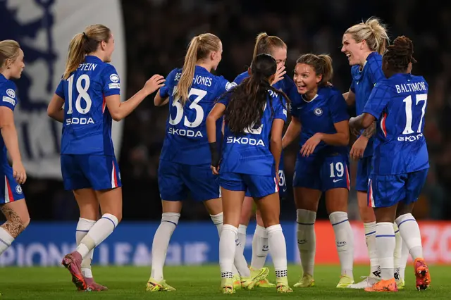 Johanna Rytting Kaneryd of Chelsea celebrates with teammates