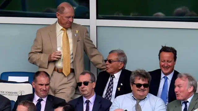 Former Yorkshire legend Geoffrey Boycott (l) chats with Yorkshire CC president Harold 'Dickie' Bird as Prime Minister David Cameron (r) raises a smile during the 4th Royal London One-Day International match between England and Australia at Headingley on September 11, 2015 in Leeds, United Kingdom