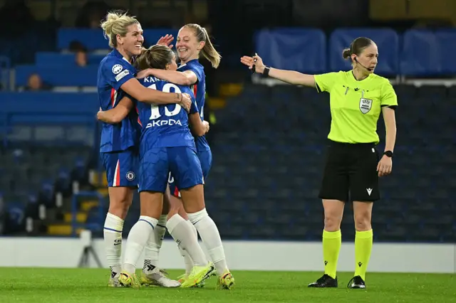 Chelsea's Swedish midfielder #19 Johanna Rytting Kaneryd (L) celebrates scoring their second goal