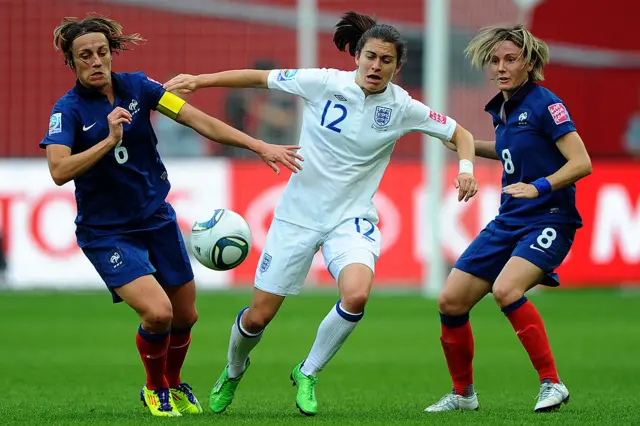 Sonia Bompastor and Sandrine Soubeyrand play for France v England